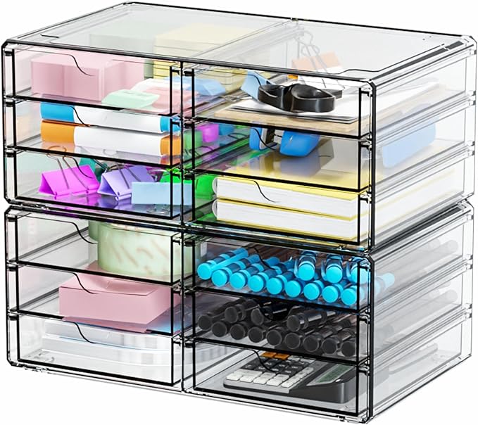 Yieach 2 Pack Acrylic Storage Drawers With 12 Small Drawer,Stackable Office Cabinet Organizer and Makeup Organizer,Clear Plas