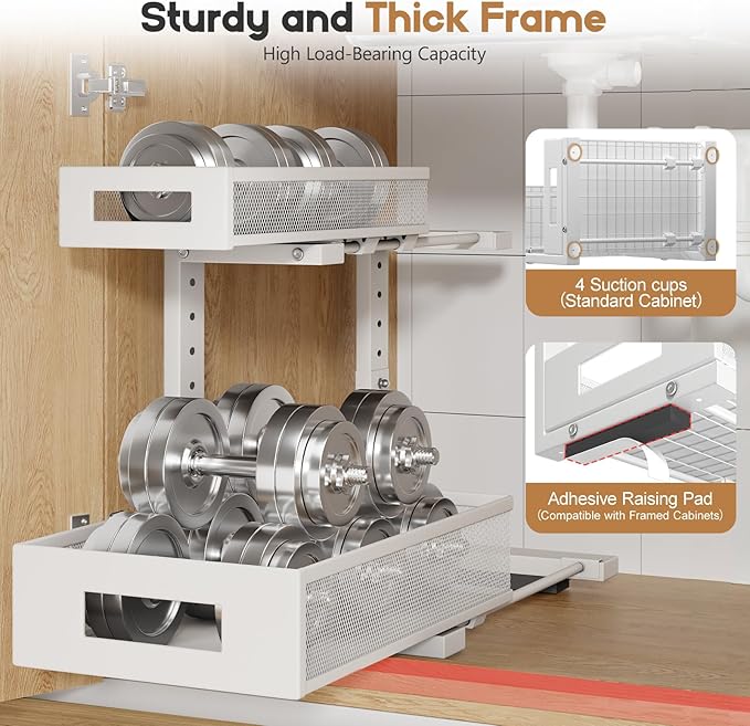 1 Pack-11.4"-16.14"H Under Sink Storage Organizer, Large 2-Tier Elegant Mesh Pull Out Shelf for Kitchen and Bathroom Cabinet 