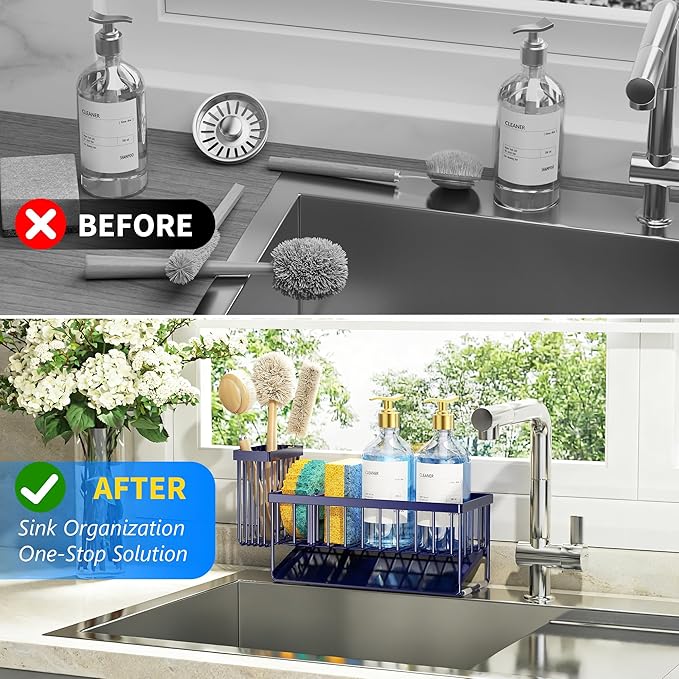 Cisily Navy Blue Sink Caddy Organzier with High Brush Holder, Sponge Holder for Sink, 304 Rustproof Stainless, Kitchen Counte