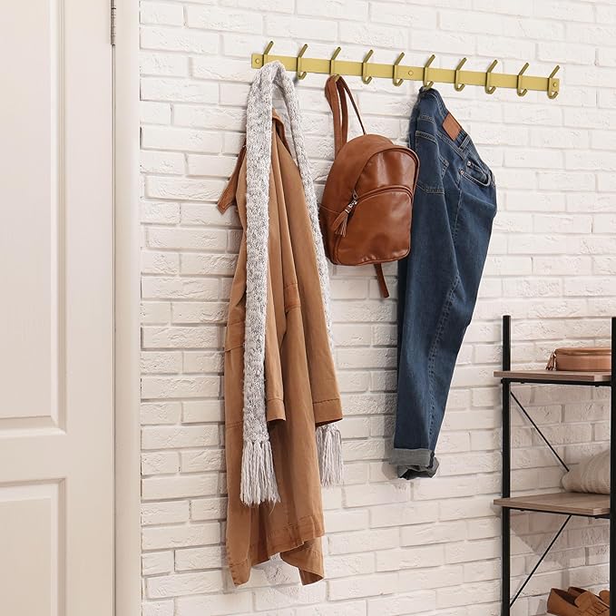 Brushed Gold Wall Mounted Coat Rack – 30 Inch Stainless Steel Rail with 10 Double Coat Hooks for Entryway, Bathroom, Bedroom,