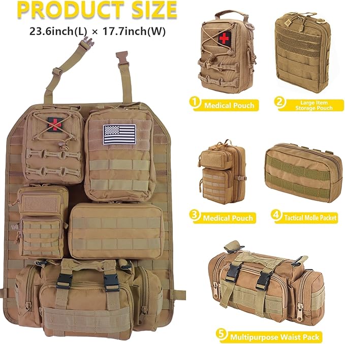 Universal Tactical Car Seat Back Organizer Bag Tactical Molle Vehicle Organizers Panel Vehicle Protector Organizers with 5 Detachable Pouches for Car Truck Ford Jeep (Model A-Khaki)