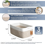 NaturalCozy 13.5”x8.5”x5.5” Storage Baskets for Shelves 3 Pack | Cotton Rope Woven Small Baskets for Organizing | Small Stora