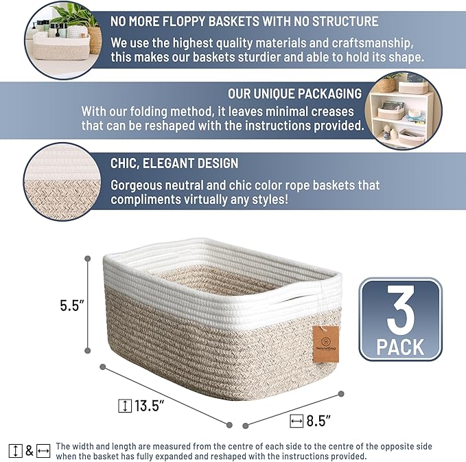 NaturalCozy 13.5”x8.5”x5.5” Storage Baskets for Shelves 3 Pack | Cotton Rope Woven Small Baskets for Organizing | Small Stora