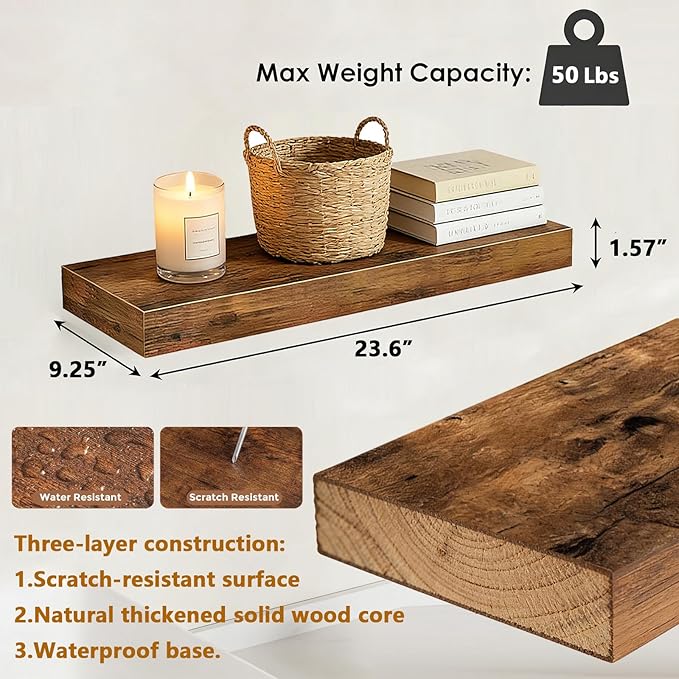 23.6 inch Rustic Brown Floating Shelves Set of 2, Solid Wood Wall Mounted Shelves, Heavy Duty Display Storage Shelves for Bed