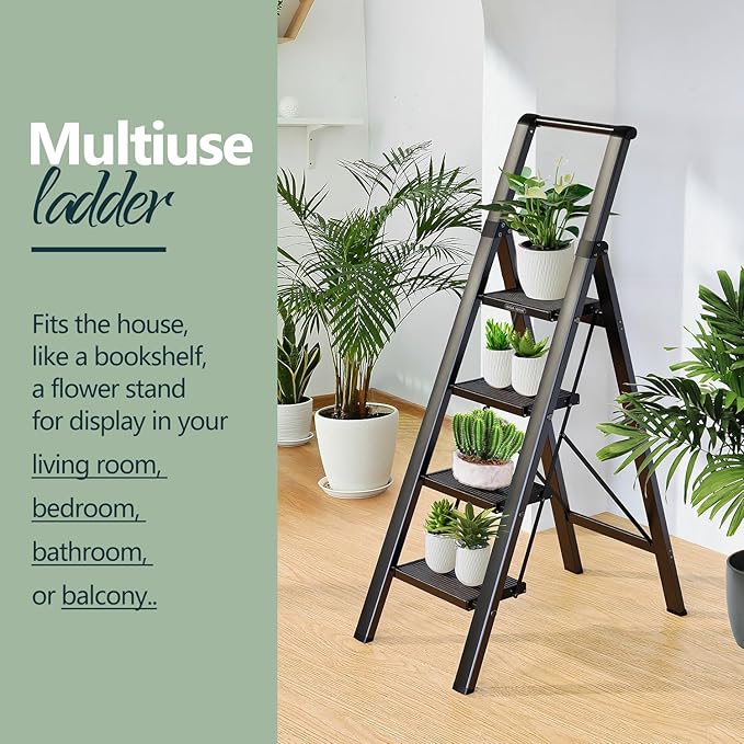 WOA WOA 4 Step Ladder for 10 Feet High Ceiling, Lightweight Foldable Ladder with Non-Slip Wide Pedals, Step Stool with Safe H