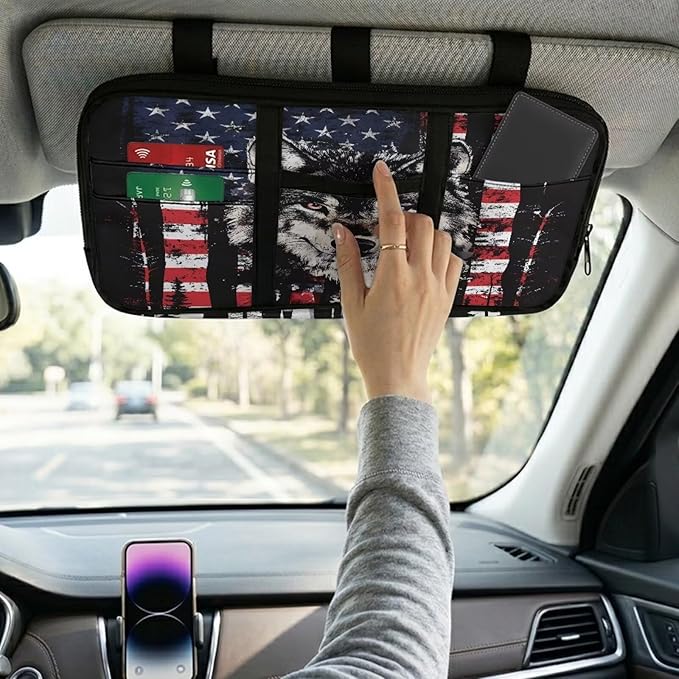 Wolf American Flag Car Sun Visor Storage Bag,Truck Visor Organizer Card Sleeve Pocket Document Holder for Registration, Driving Licens