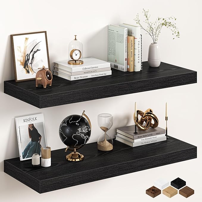 36Inch Black Floating Shelves for Wall, 12 Inch Deep Shelves for Bedroom, Kitchen, Bathroom Wall Mounted, Rustic Wood Floatin