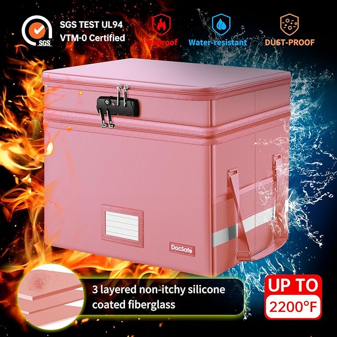DocSafe File Box with Lock,Multi-Layer Fireproof Document Box Collapsible File Storage Organizer with Pockets/Handle,Large Po