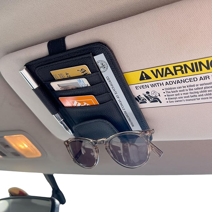 Pennzoil Mini Car Sun Visor Organizer Auto Interior car interior accessories - Car Visor Organizer -4 Card Slots, Pen Holder, Eyeglass Clip, Large Pocket -Small Size 5” x 6”x 0.50” Sunvisor Organizers