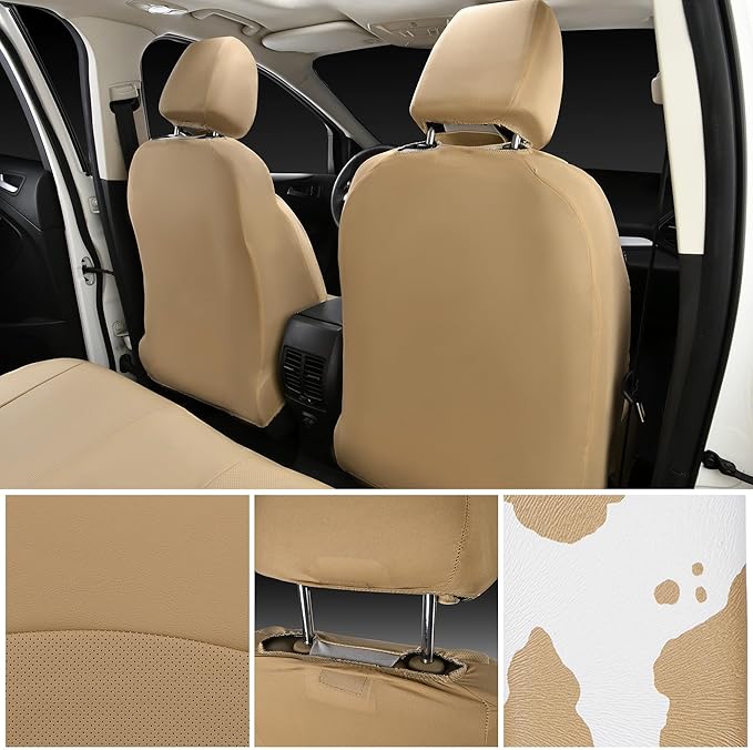 CAR PASS Cow Print Faux Leather Car Seat Covers & Cow Car Mats & Cow Steering Wheel Cover Seat Belt Pads Universal fit for SU