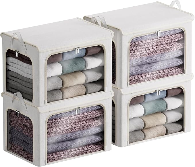 4 Pack Clothes Storage Bins with Metal Frame - 66L Stackable Storage Box with Lid，Foldable Storage Container Organizer for Cl