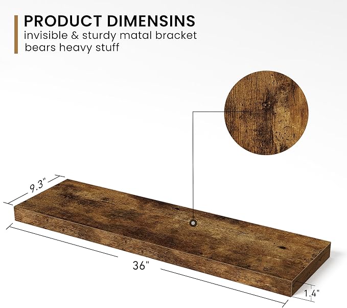 Fun Memories 36Inch Floating Shelves, 9.3Inch Deep Rustic Wall Shelves - Extra Deeper & Thicker Wall Mounted Storage Shelf fo
