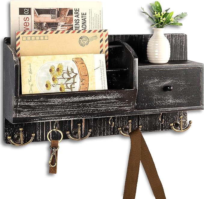 Rebee Vision Key Holder Wall Mount with Drawer & Mail Sorter – Rustic Wall Mail Organizer with Key Hooks for Entryway, Office