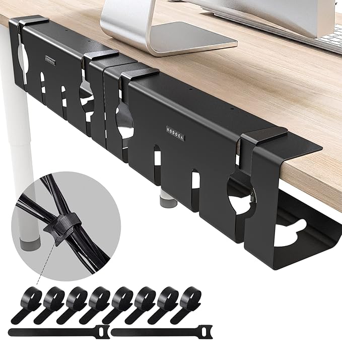 NODOCA No Drill Under Desk Cable Management Tray, 17'' Wire Management, Punch-Free Clamp on, Metal Cable Tray, Wire Organizer