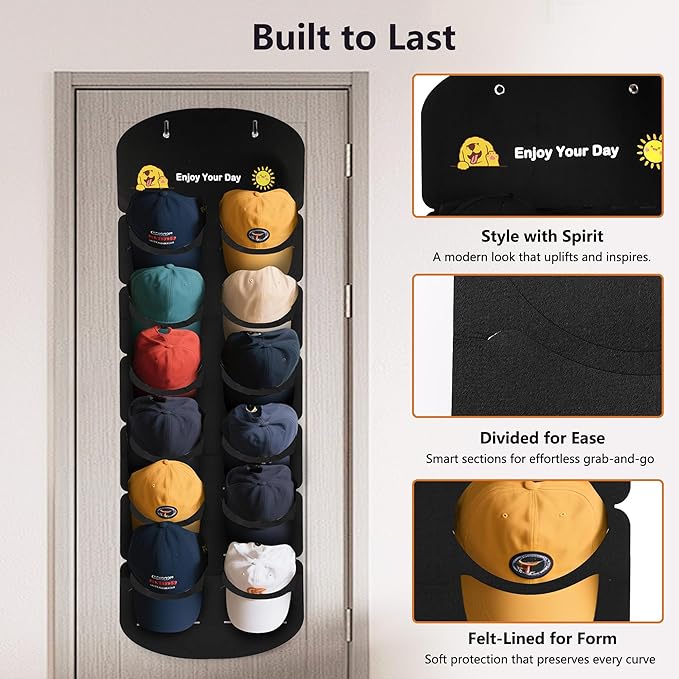Hat Organizer for Baseball Caps, Over The Door Cap Organizer Cap Hat Holder with 12 Deep Clear Pockets, Hat Storage to Protec