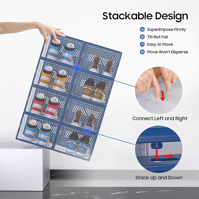eWonLife Large Shoe Organizer Storage Box with Magnetic Door,12 Pack Clear Plastic Stackable Sneaker Containers for Closet, C