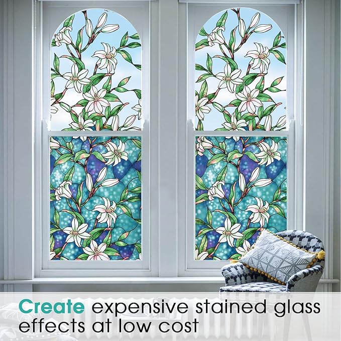 Coavas Decorative Window Privacy Film, Heat Control Sun Blocking Stained Glass Window Film, Floral Design Static Cling, Non Adhesive Windows Tint for Bathroom Front Door(Vinyl, 17.5" x 118.1 ")