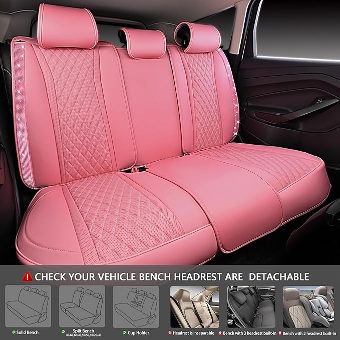 CAR PASS Pink Nappa Leather Car Seat Covers for Full Seats, Bling Diamond Waterproof Seat Protectior Universal Fit Auto SUV S