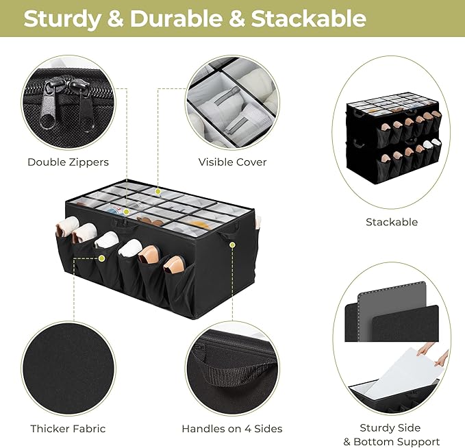 Shoe Organizer for Closet, Shoe Storage Solution with Clear Cover & Adjustable Dividers, Fabric Shoe Box Fits 16 +12 Pairs Sh