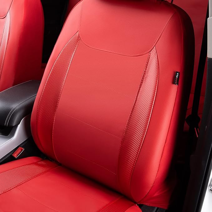 Flying Banner car seat Covers Protects Water Proof Faux Leather Carbon Fiber Fronts Rear Bench Covers (Red Red, Full Set - 8P