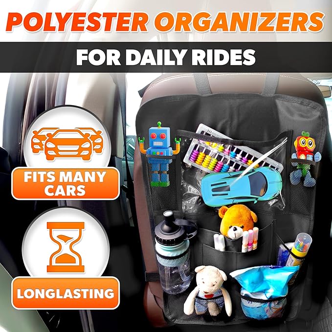 2 Pcs Backseat Car Organizer - Universal 23.4x16" Back Seat Car Organizer with 9 Large Pockets & Clear Tablet Holder, Made of Reliable Polyester with Long and Strong Straps - Easy to Attach & Clean