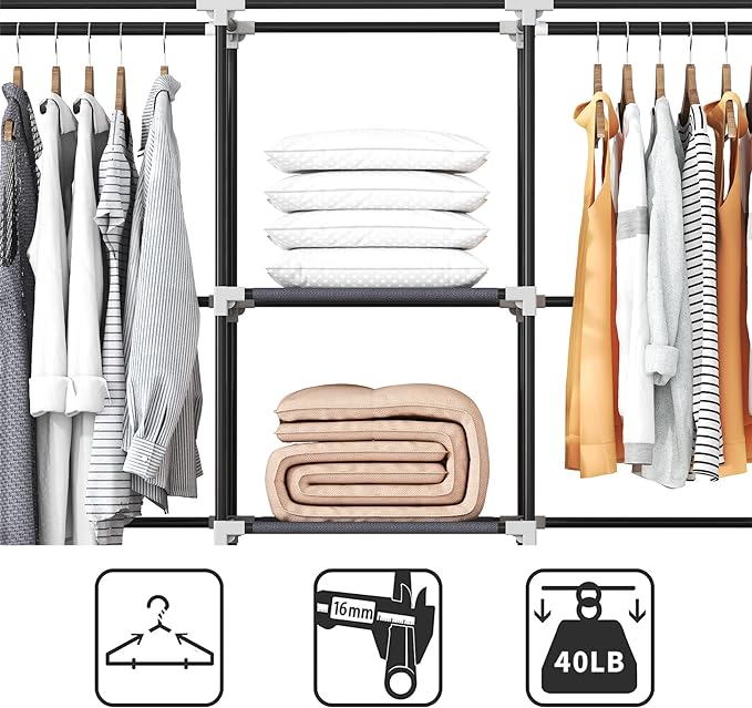 Portable Closet, 51 Inch Wardrobe Closet for Hanging Clothes with 2 Hanging Rods, 8 Storage Organizer Shelves for Bedroom, Du
