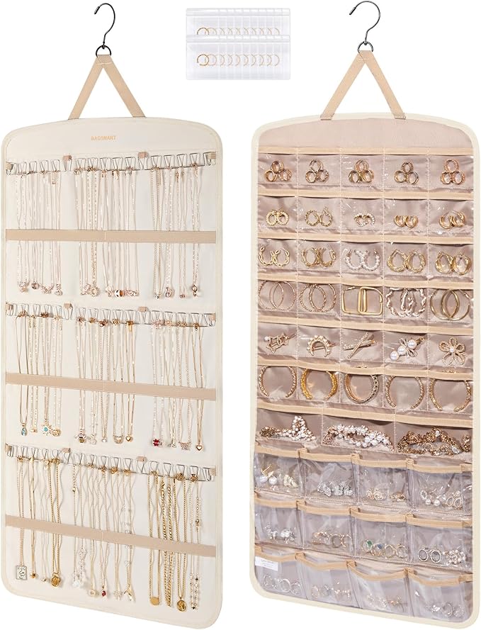 BAGSMART Hanging Jewelry Organizer, Necklace Holder Anti-tangle Earrings Rings Hanger with Pockets Hang on Closet, Wall, Door