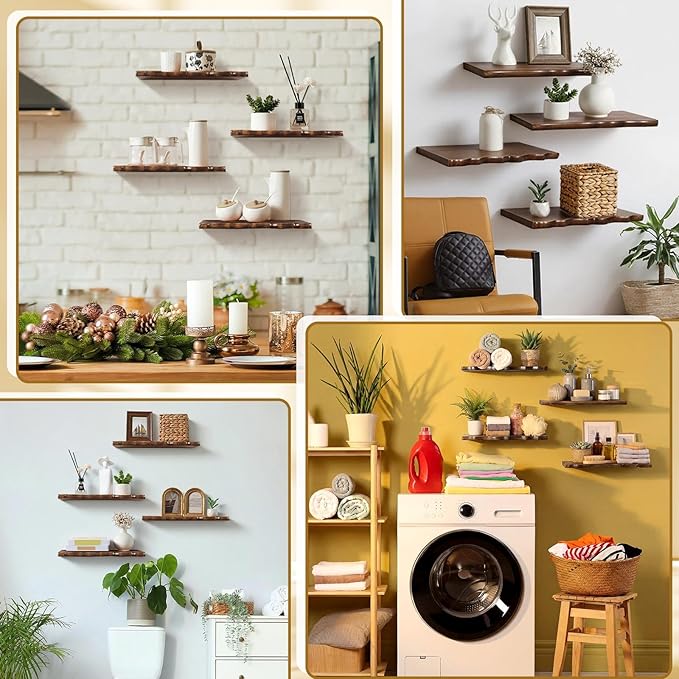 Pinkunn 4 Pcs Floating Shelves for Wall Rustic Wooden Floating Shelf Wooden Shelves for Bathroom Living Room Bedroom Kitchen 