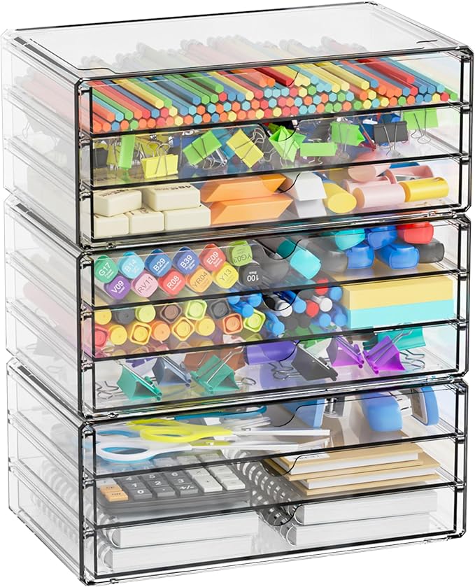 Yieach 11.1 Inch Long Clear Drawer Organizers Stackable,3 Pack Small Acrylic Drawers,School,Office Supplies Organizer And Sto