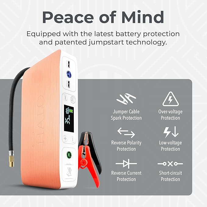 HALO Bolt Air 58830 Portable Car Battery Jump Starter | 100 PSI Air Compressor, 58.8Wh USB Power Bank, Emergency Floodlight