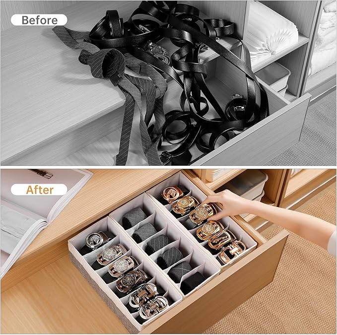 3 Packs Fabric Belt Organizer, 6 Grids Belt Organizer for Closet and Drawer, Foldable Dresser Drawer Organizers, Tie Storage 