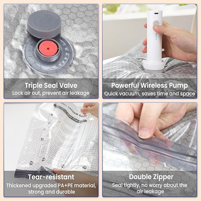 Vacuum Bags for Travel with Rechargeable Electric Pump, 12 PCS (4S,4M,4L) Storage Bags Vacuum Sealed, Space Saver Bags Carry-