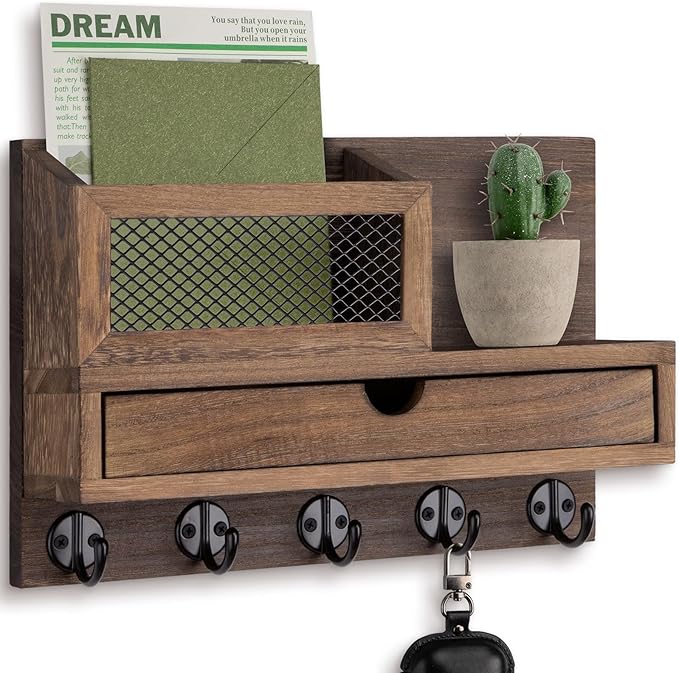 Key Holder Wall Mount, Key Holder for Wall with 5 Key Hooks and Storage Drawer Mail Organizer for Entryway Living Room Farmho