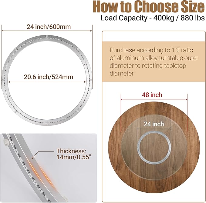 24 Inch Lazy Susan Bearing Heavy-Duty Aluminium Alloy Turntable Bearing, Mute Turntable Ball Bearing, Lazy Susan Hardware for