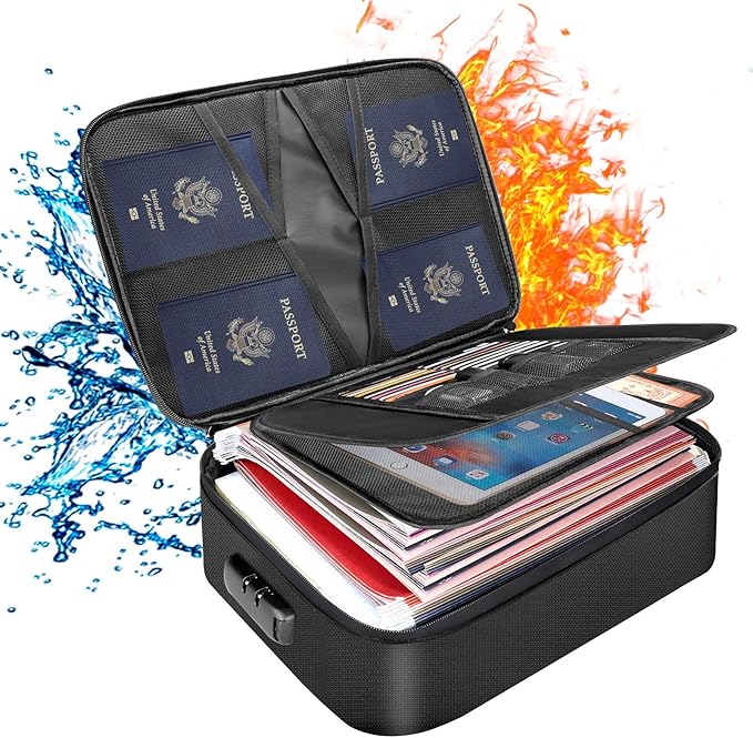 DocSafe Document Bag with Lock,Fireproof 3-Layer File Storage Case with Water-Resistant Zipper,Document Safe Portable Travel 