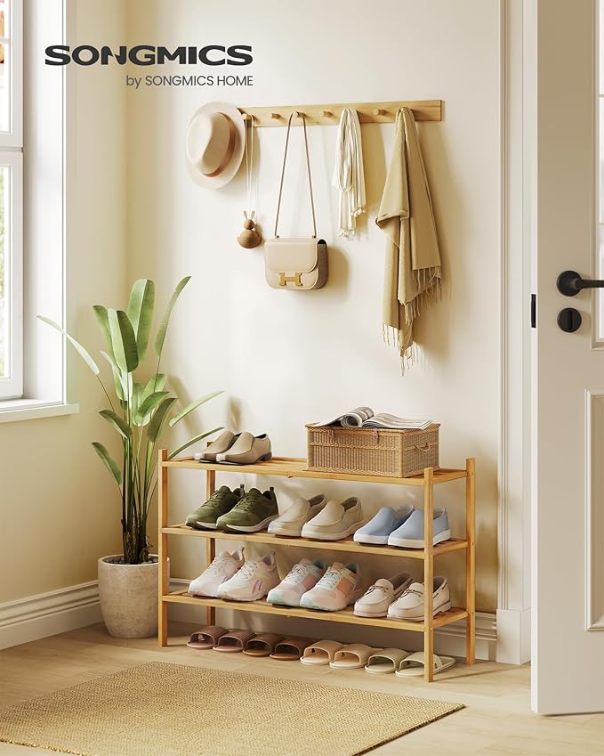 SONGMICS Bamboo Shoe Rack for Closet, Stackable Shoe Oragnizer with Modular Structure, Space-Saving Free Standing Shelf for E