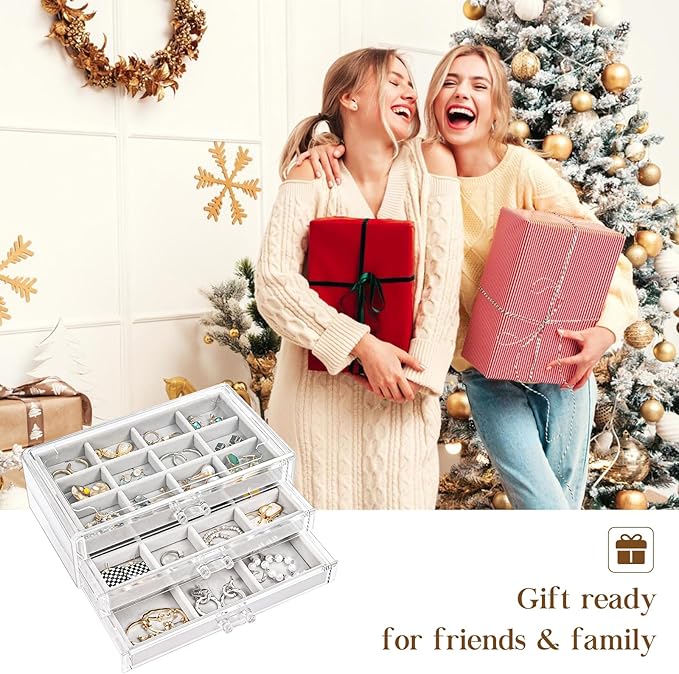 ProCase Earring Holder Organizer Jewelry Box with 3 Drawers, Acrylic Clear Earring Case with Adjustable Velvet Trays for Wome