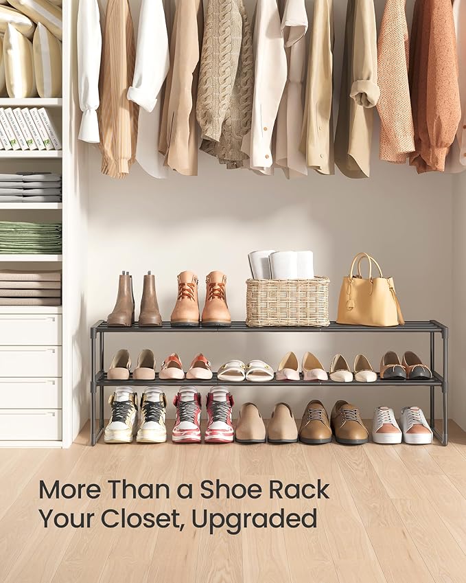 SONGMICS Shoe Rack, 2-Tier Shoe Organizer, Metal Storage Shelf, Upright or Upside Down, for 15-18 Pairs, Stackable, for Entry