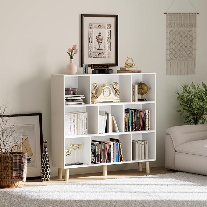 YESHOMY 9 White Cube Bookcase, Open Frame 3-Tier Book Shelf, Bookshelf Storage Organizer with Feet & Anti-Tilt Device for Org