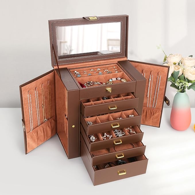 Kendal Extra Large Jewelry Box Jewelry Case PU Leather 6 Tier 5 Drawers Large Storage Capacity with Mirror Jewelry Storage Or