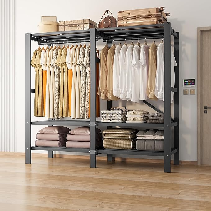 Heavy Duty Portable Closet Wardrobe, Garment Rack with Cover & Hanging Rods, Freestanding Wardrobe with Magnetic Door, Metal 