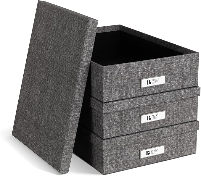 Bigso Oskar Canvas Fiberboard Document Letter Box for Important Paperwork A4 or Letter Size - Durable Keepsake Box with Lid a