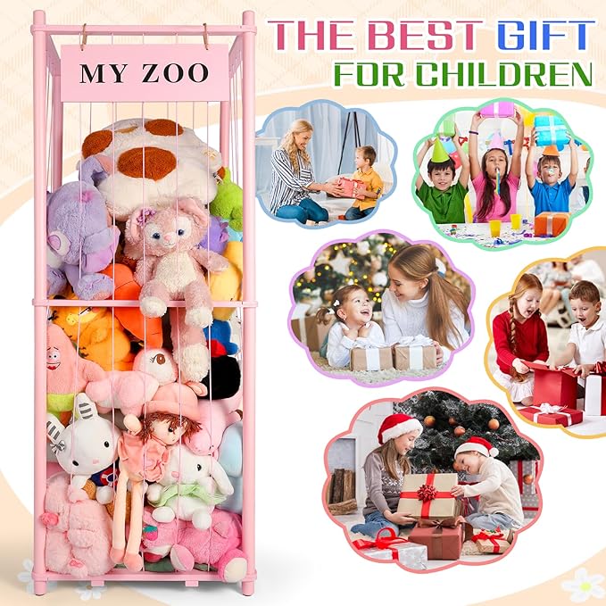 GLDZI Stuffed Animal Storage Zoo, Wooden Stuffed Animal Organizer with Elastic Cords for Boys Girls, Space Saving Toy Plushie