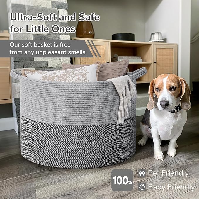 INDRESSME 115L Extra Large Blanket Basket, Cotton Rope Basket for Nursery Living Room, Decorative Woven Storage Baskets with 