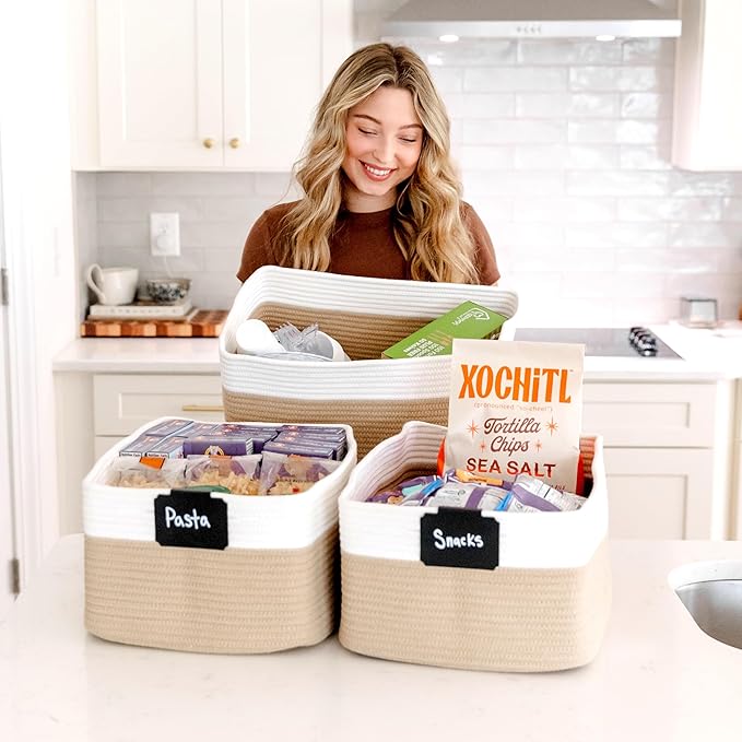 NaturalCozy Storage Baskets 16.8”x13”x7.6” Cotton Rope Woven Baskets for Organizing 3-Pack | Toy Storage Bins | Basket for Sh