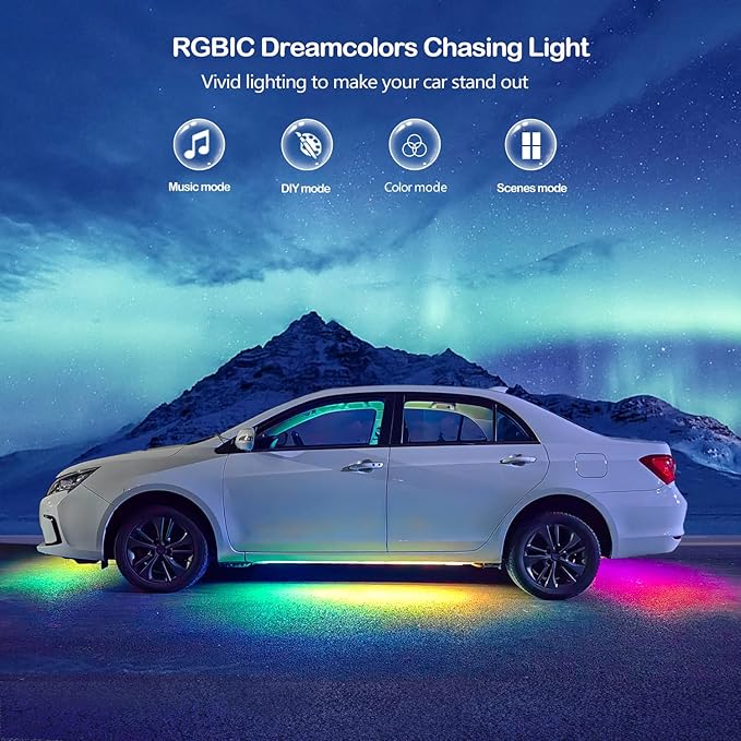 Underglow Kit, RGB-IC Under Car Lights With Dream Color Dancing Chasing, 213 Scene Modes, App and Remote Control, 5 Music Modes LED Lights for All Cars