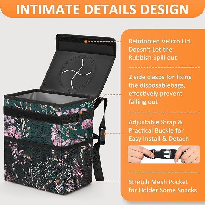 Car Trash Can for Car Cute, Bag Bin Hanging Waterproof Automotive Garbage Cans Leak Proof Vehicle Trash Can Navy Floral