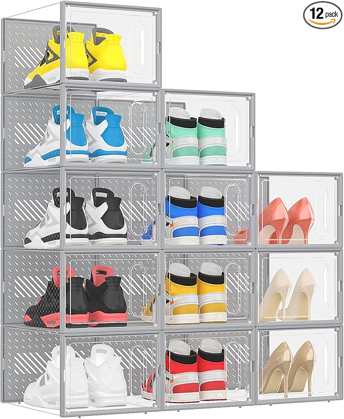 eWonLife Large Shoe Organizer Storage Box with Magnetic Door,12 Pack Clear Plastic Stackable Sneaker Containers for Closet, C
