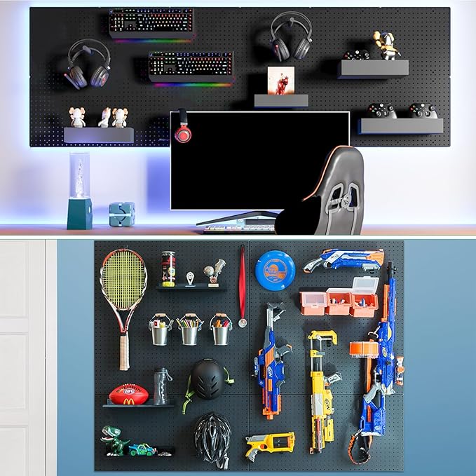 FZK Peg Board Wall Organizer Kit. Heavy Duty, 82PCS Metal Pegboard, Black, 36 * 24