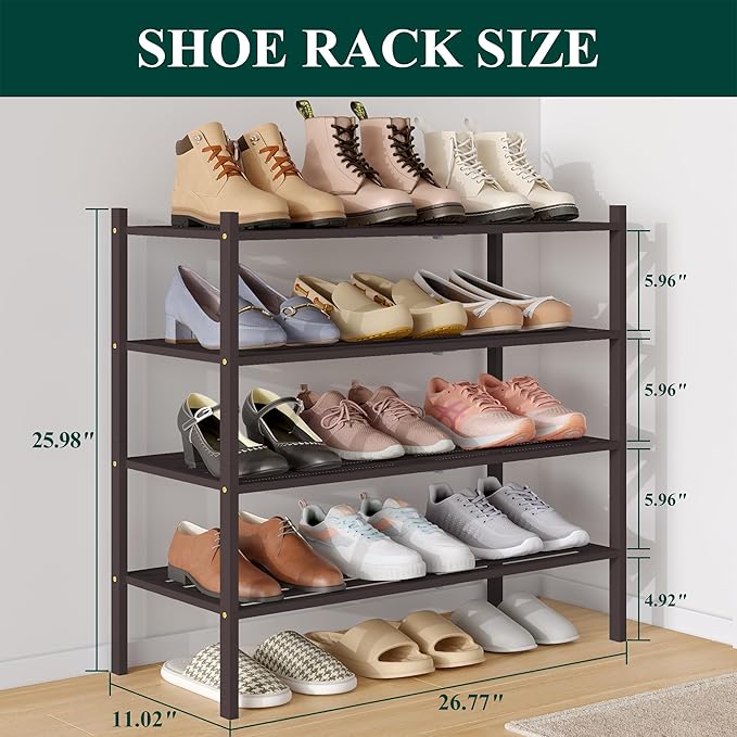 Smiry Bamboo Shoe Rack 4-Tier, Stackable Wooden Shoe Organizer for Entryway & Closet, Free Standing Wood Shoe Storage Shelf f